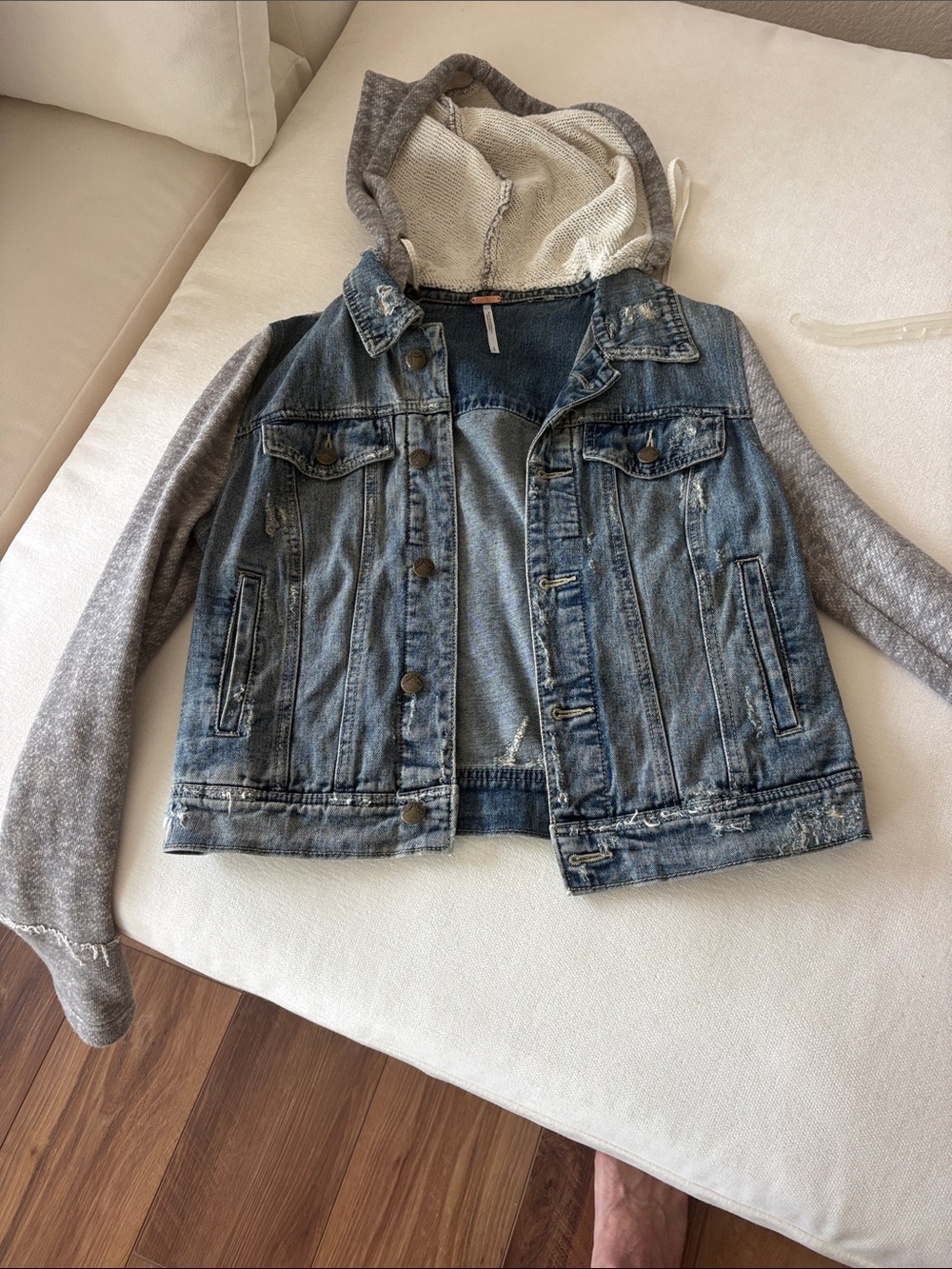 Free People Blue Denim Jacket with Gray Knit Hood & Sleeves